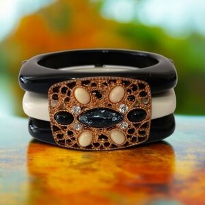 Vintage Stacked Acrylic Bangle Bracelet Black Ivory Filigree Rhinestones Chunky